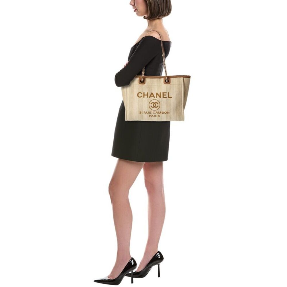 Chanel Beige Mixed Fibers & Calfskin Striped Small Deauville Tote - Picture 5 of 5
